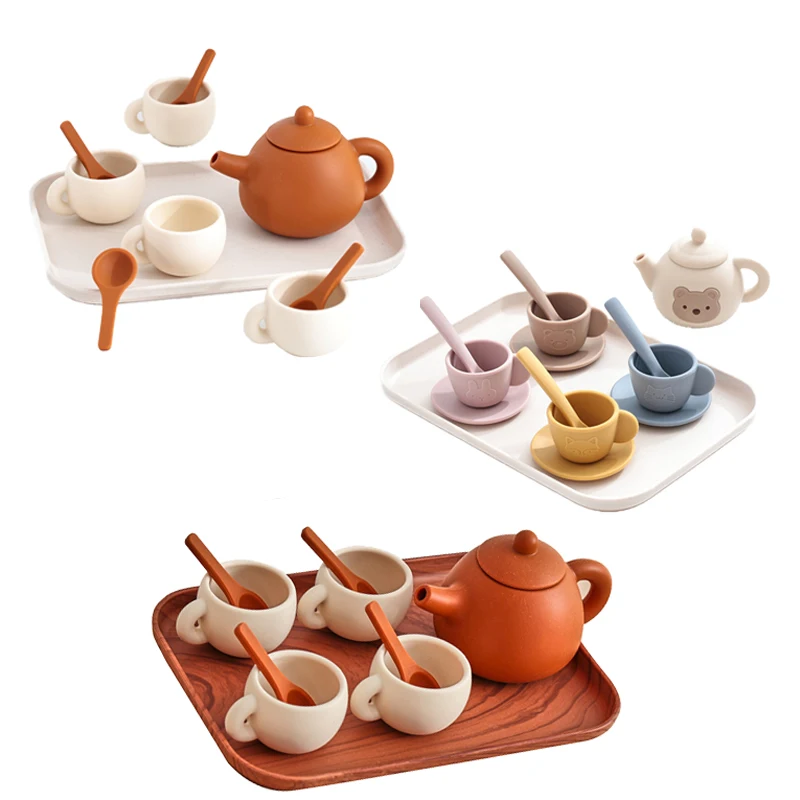 Juego de té de la tarde Montessori, juguete para la dentición del bebé, cocina simulada, tetera de silicona, tazas de té, juguete para regalo de educación temprana infantil