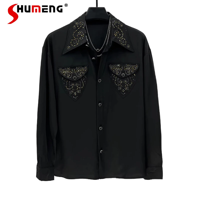 

High-End Pocket Design Rhinestone Shirts Men 2025 Spring Autumn New Stylish Long Sleeve Shirts Masculinity Solid Color Chic Tops