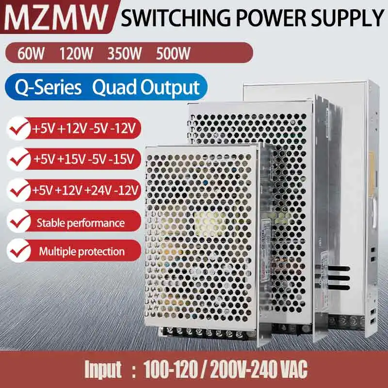 mzmw fonte de alimentacao do interruptor da saida do quadrilatero transformador conduzido do motorista da tira 60w 120w 350w 500w 5v 12v 24v 5v 12v quatro vias ac dc smps 01