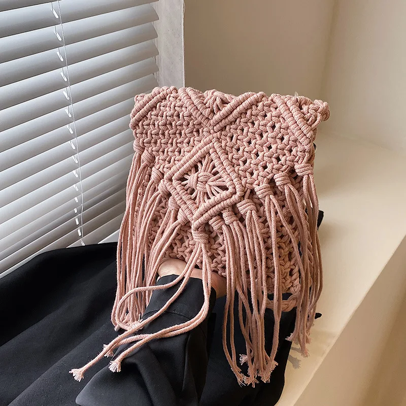 Neue Strohs ack böhmische Quaste Strand tasche Frauen häkeln Fransen Cross body ultraleichte Umhängetasche Frauen kleine Bolsos Feminina – Detail 23