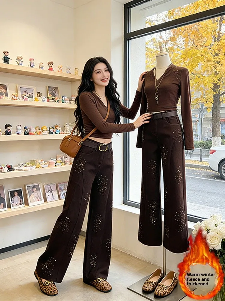 

Autumn Winter New Sle Women's Fce Lined Wide Leg Denim Jeans High Waist Straight Cut Coffee Color Diamond Studded Casual...