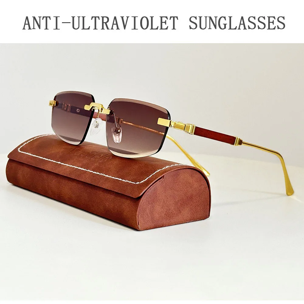 2026 Holz Randlose Sonnenbrille Frauen Trendy Sonnencreme Vintage Sonnenbrille Männer Urlaub Mode Gläser Lentes De Sol Mujer Okulary – Detail 2