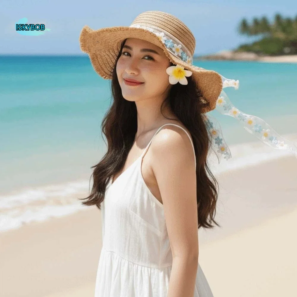 

Breathable Vacation Beach Cap Lightweight with Lace Big Brimmed Straw Hat Sombrero with Garland Woven Sun Cap Masquerade