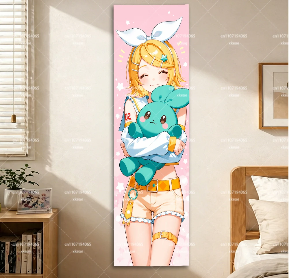 K-Kagamine R-Rin Vertical Tapestry, Cute Anime Girl with Bunny Plush Wall Hanging for Bedroom