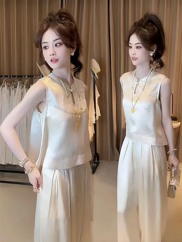 Summer New Fashion Slimming Casual Chinese Style Buttonless Sleeveless Top Draped Straight Leg Pants Two Piece Set