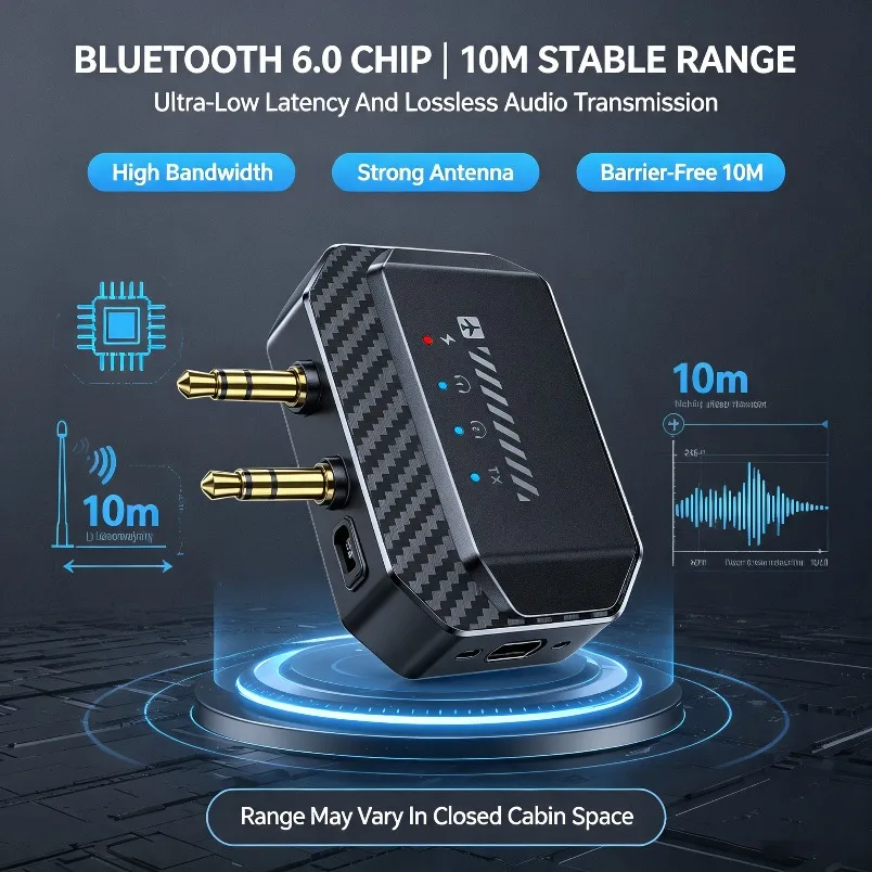 Dual-Link-Bluetooth-Sender GT36 für Flugzeug, TV, Fitnessstudio, Audio-Sharing mit 2 Kopfhörern, BT 6.0 Wireless-Adapter, 3,5 mm LED, Typ-C