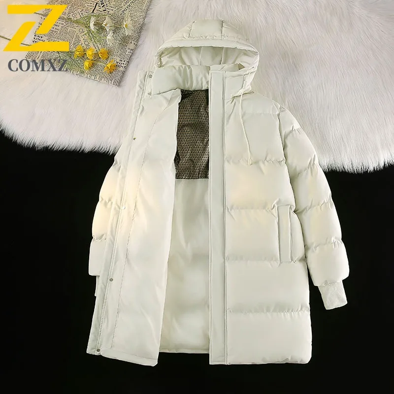 

COMXZ Padding Coat Mid-Length Solid Color Hood Working Windproof Parka Loose Thickened Lightweight Autumn Winter Trench Coat