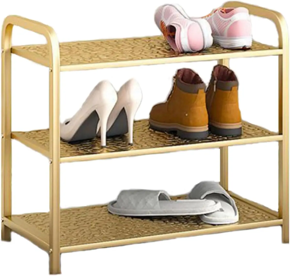 3-Tier Metal Shoe Rack Organizer, Vertical Entryway Storage Cabinet, Gold, Small Narrow Freestanding