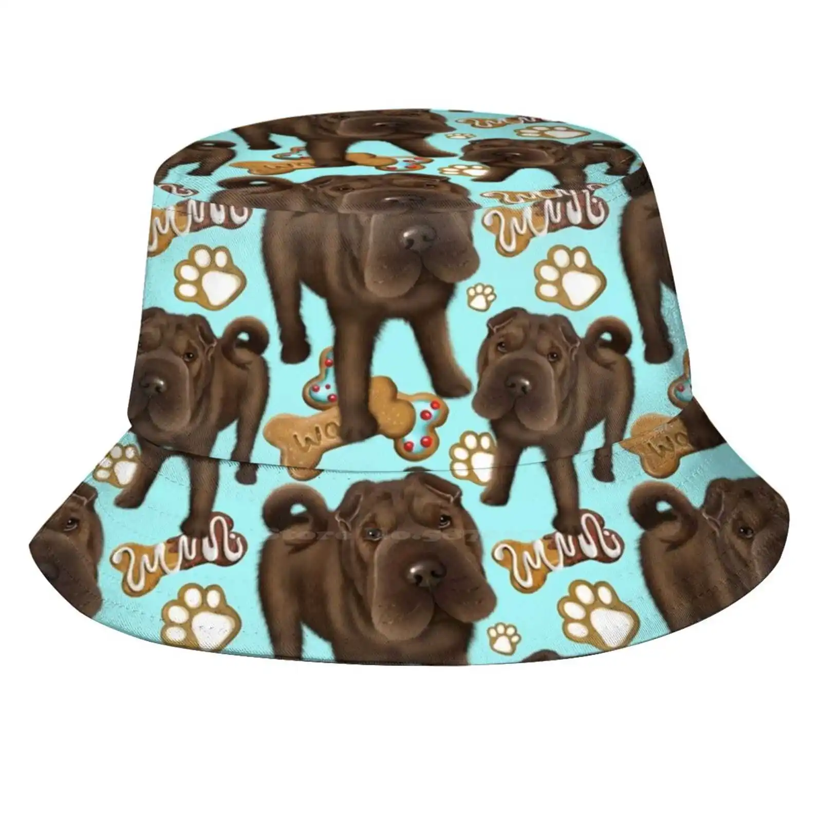 Shar Pei Blue Biscuits Unisex Fisherman Hats Bucket Hats Dog Shar Pei Bone Biscuits Treats Paw Pet