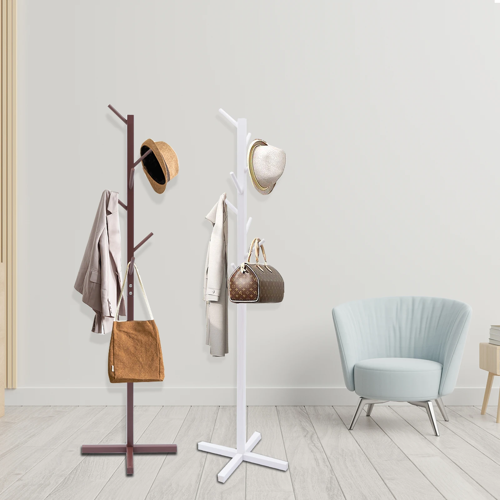 

Wooden Coat Rack W/ 8 Hooks Clothes Stand Freestanding Clothes Hanger Hat Coat Hanging Rack for Bedroom Office Hallway Entryway