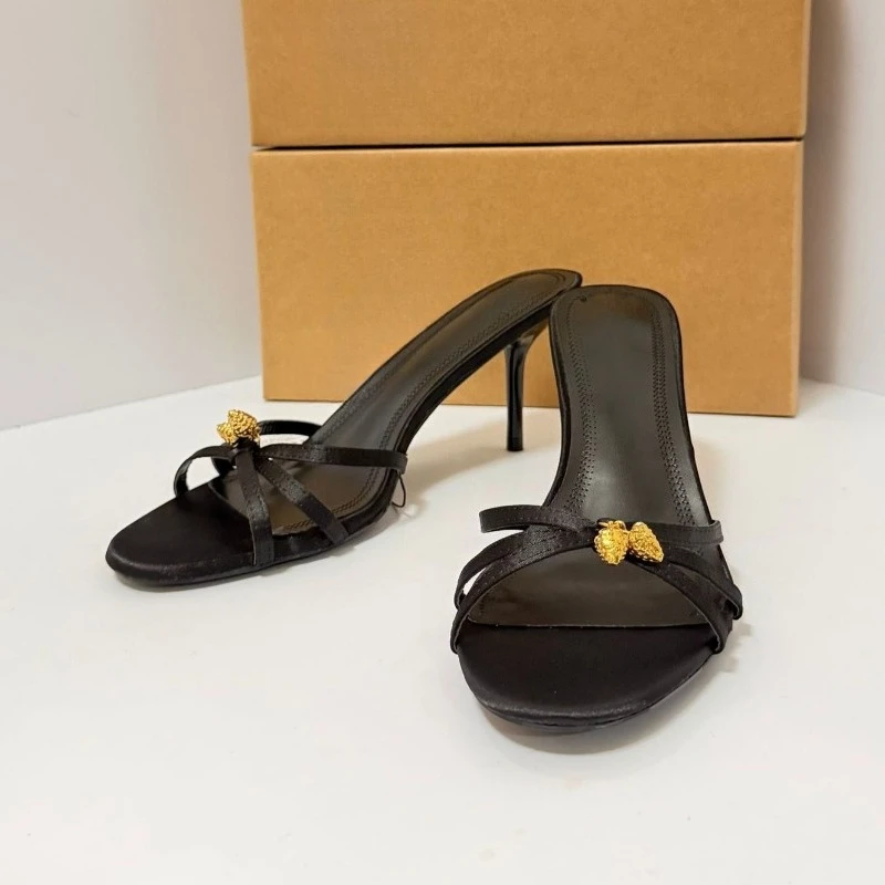 Luxury Metal Detail Satin Heeled Sandals Women Unique Cross Tied Open-toe Slide Fashion Round-toe Stiletto Party Heels Mules