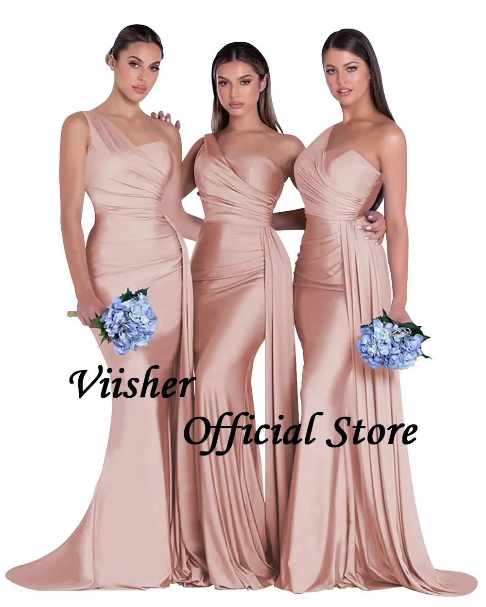 Viisher One Shoulder Mermaid Bridesmaid Dresses for Women Pleats Satin Sexy Bodycon Bridesmaid Dress with Skirt