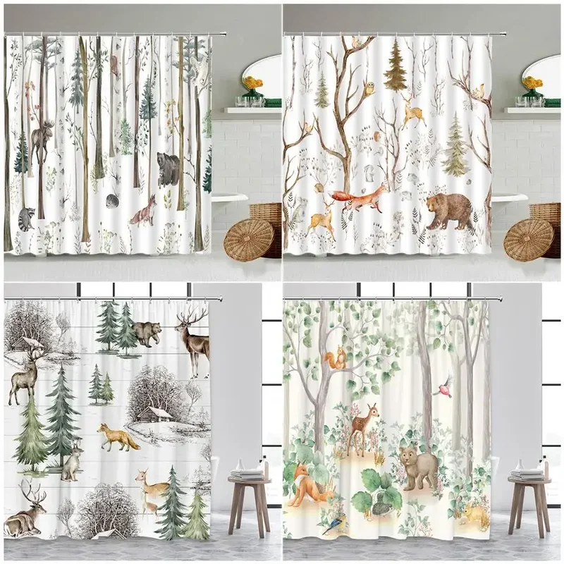 Forest Animals Shower Curtains Farm Bird Reindeer Fox Squirrel Elk Bear Wildlife Plants Painting Home Decor Bathroom Curtain Set