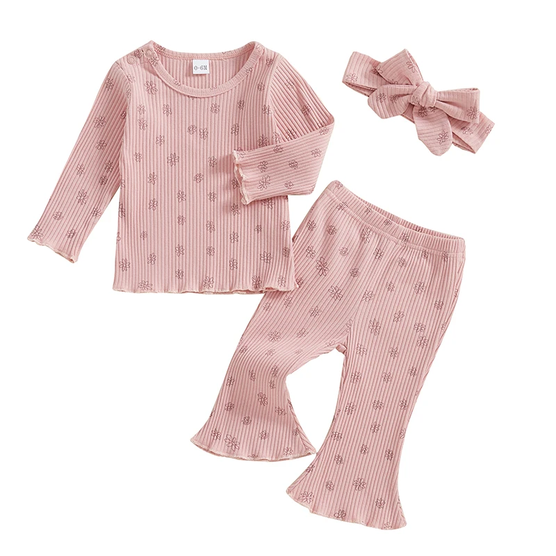 Girls 3-Piece Autumn Outfit with Long Sleeve Floral Print Top Flared Pants and Matching Headband for a Stylish Look