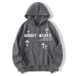 Men Y2K Fashion Hoodie Cross letter Gothic Print Zip Hoodie clothes Hoodies Goth Long Sleeve Sweatshirt Oversized Top