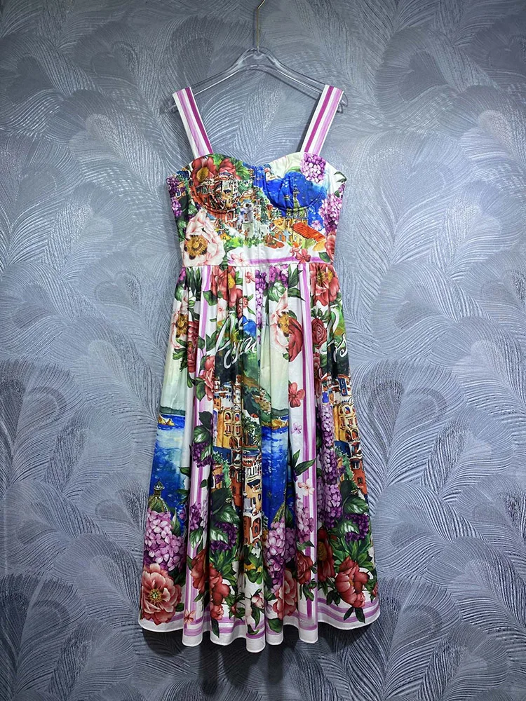 

Women's Vintage Flower Print Dress, 100% Cotton, Elegant, Summer, Spring, Beach, Holiday, High Quality