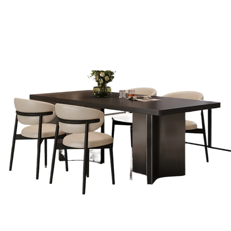 

Italian minimalist pure black hanging thickened rock slab dining table and chair combination, modern simple and high-end