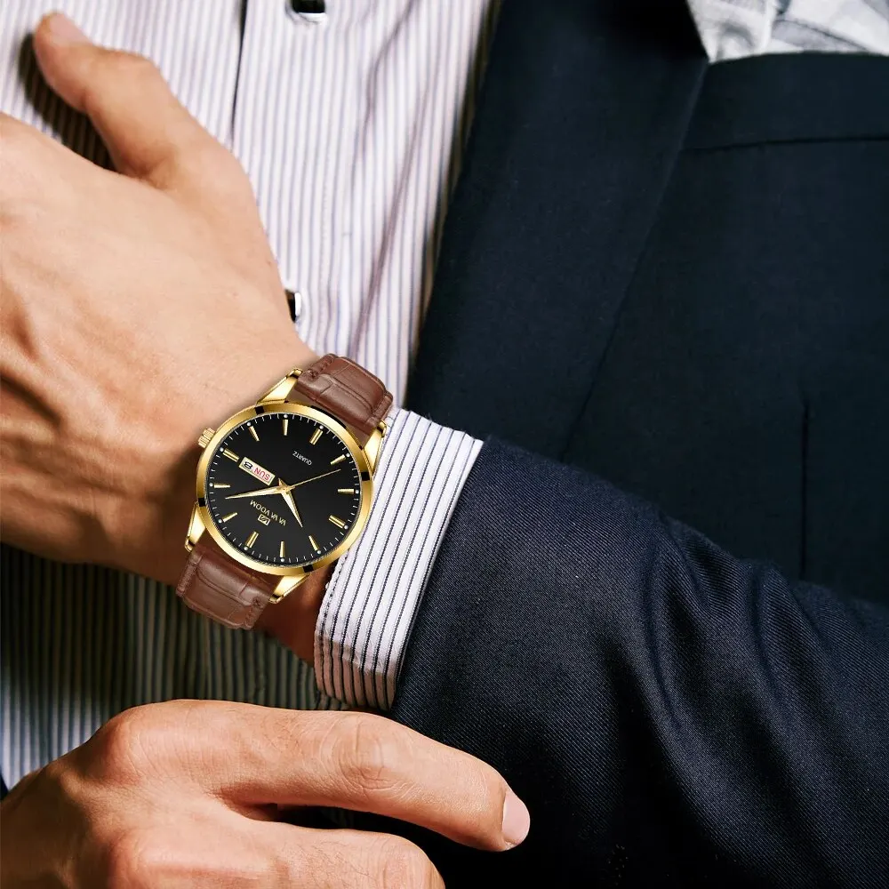 ساعة رجال الأعمال ، الكلاسيكية ، النمط البريطاني ، الجلد ، الذهب ، الأسود ، الكاجوال ، الكوارتز ، الفخامة ، التوهج ، ساعة اليد المقاومة للماء ، جديد ،