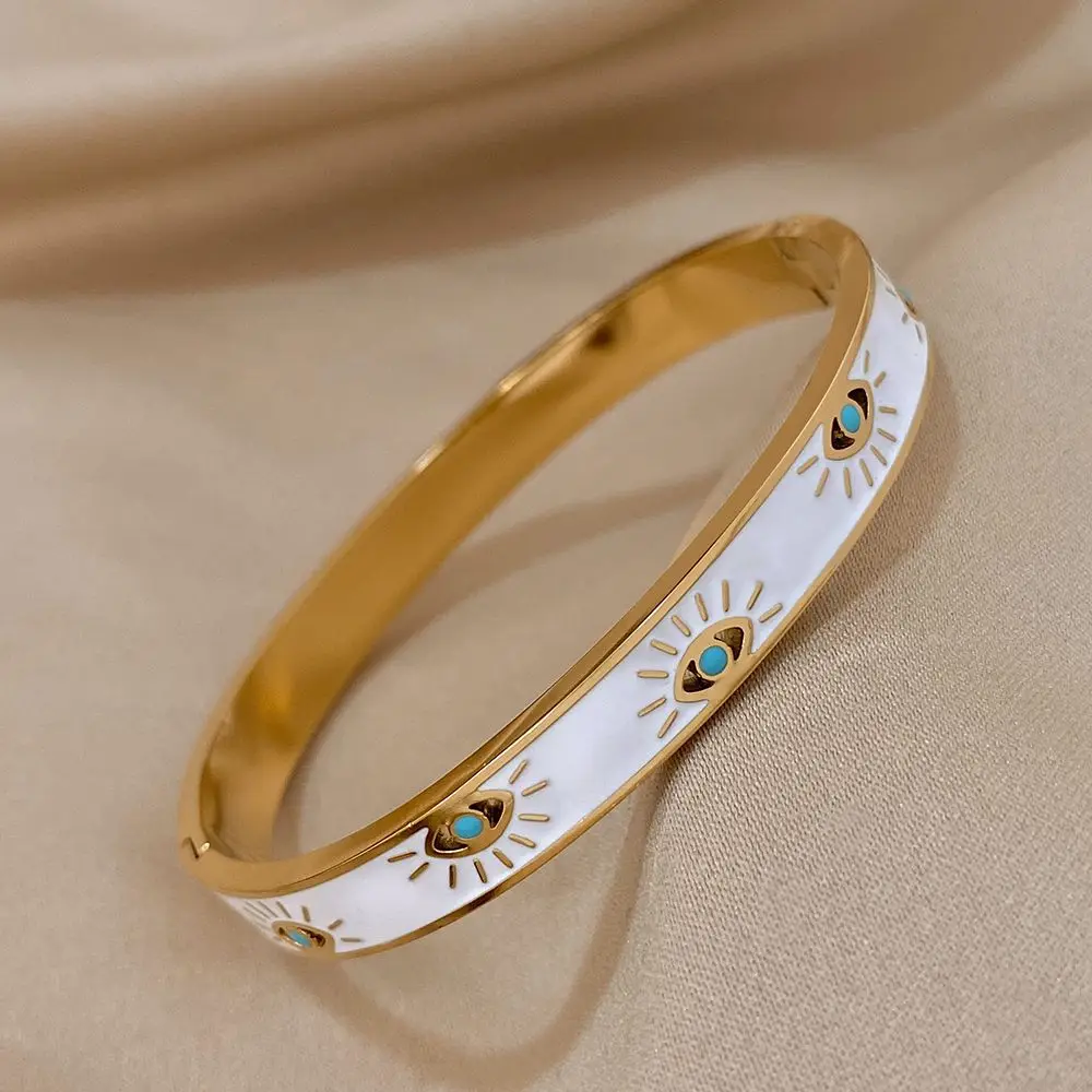 ALLYES Trendy 316L Stainless Steel Devil Eye Bracelet for Women Charm White Enamel Wrist Waterproof Bangles Bracelets Jewelry