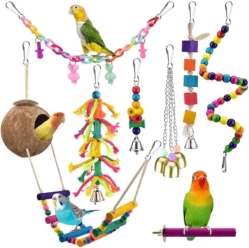 8PCS parrot toy bird supplies set, stand pole, coconut shell bird nest staircase, wooden bell bird toy set