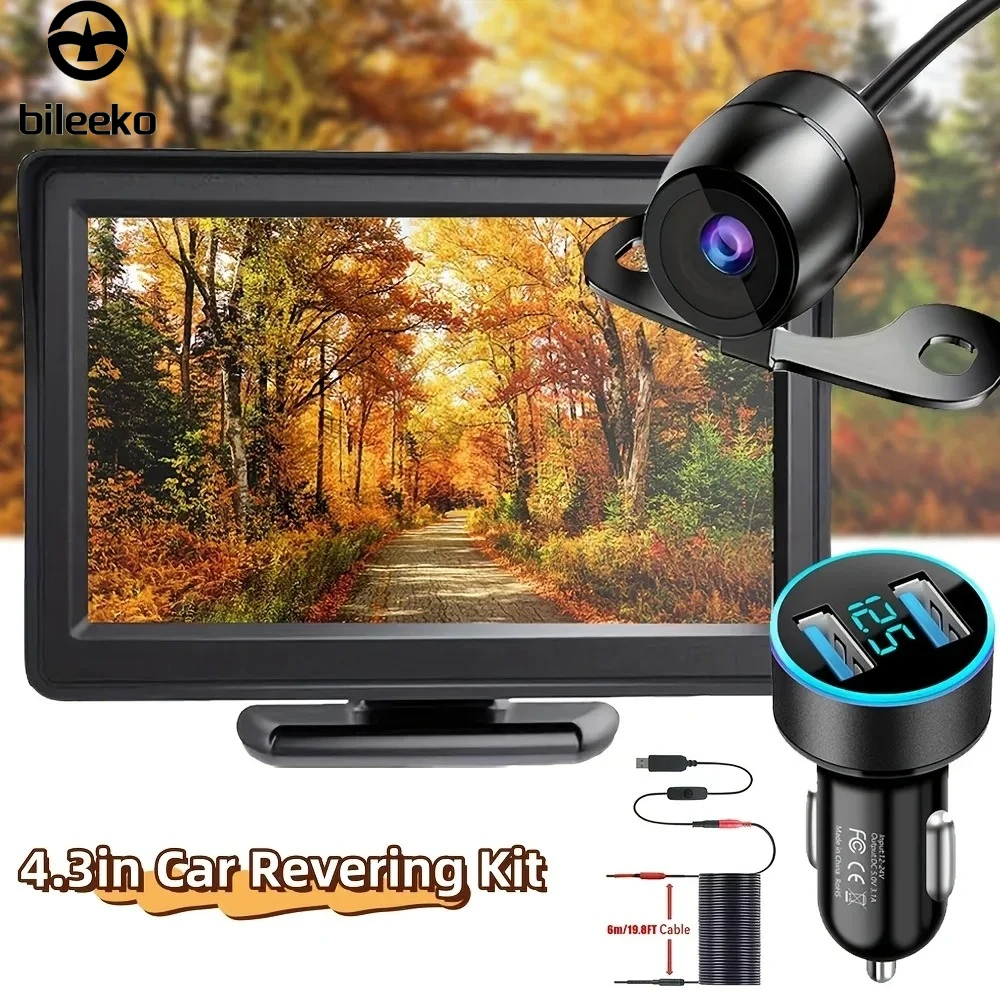 

Bileeko 4.3" HD Backup Camera & Monitor Kit - Wired Rear View System, USB Plug & Play for Parking Assistance
