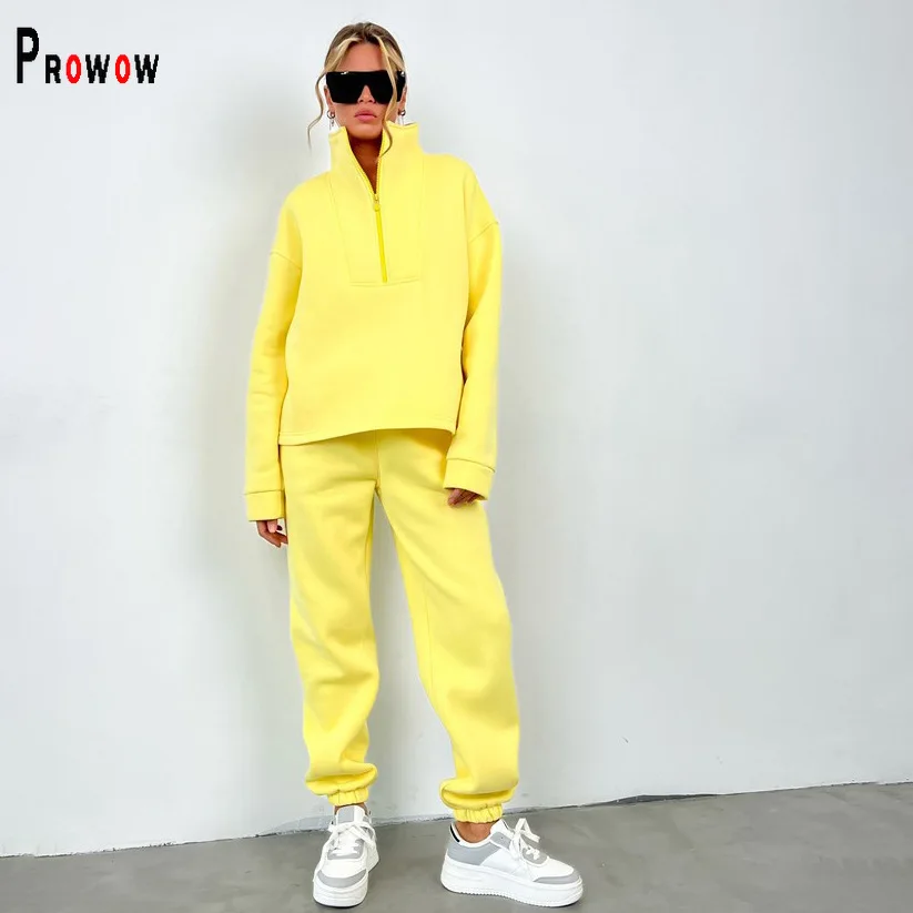 Prowow Fashion Trend Women Sweatshirts Set Loose Style Solid Color Two Piece Tracksuits Thick Winter Female Sporty Suits