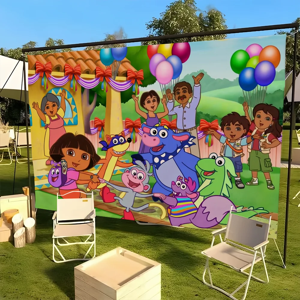 D-Dora the Cartoon E-Explor-er Flag Decoration Outdoor Picnic Party Art Hanging Home Camping Party Banner