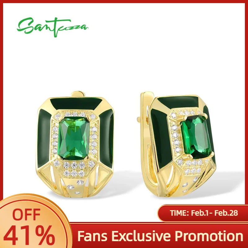 

SANTUZZA Genuine 925 Sterling Silver Earrings For Women Sparkling Green Stones White CZ Gorgeous Fine Jewelry Handmade Enamel