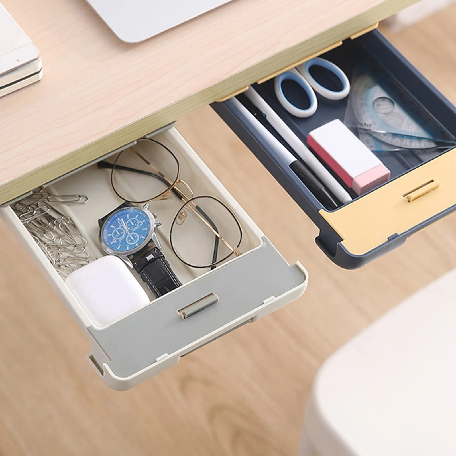 Hidden Under Desk Drawer Storage Box Creative Adhesive Desktop Organizer for Keys Jewelry Pens Rulers Glasses in Home Office