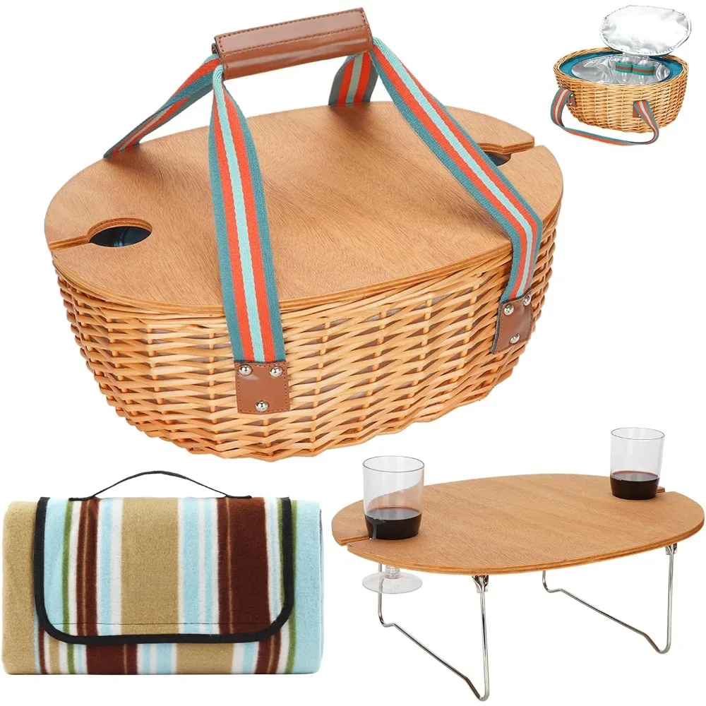 Picnic Basket for 2 with Blanket - Wicker Picnic Basket with Table | Willow Picnic Set for 2 Person with Large Insulated Cooler