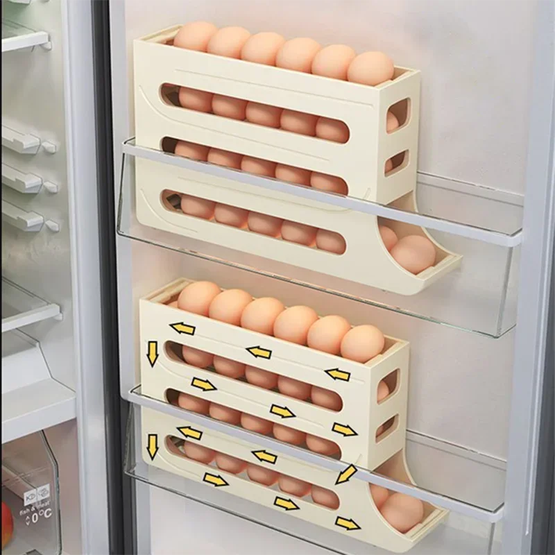 Automatic Scrolling Egg Storage Rack Holder Refrigerator Storage Organizer Egg Basket Food Containers Kitchen Egg Case Holder