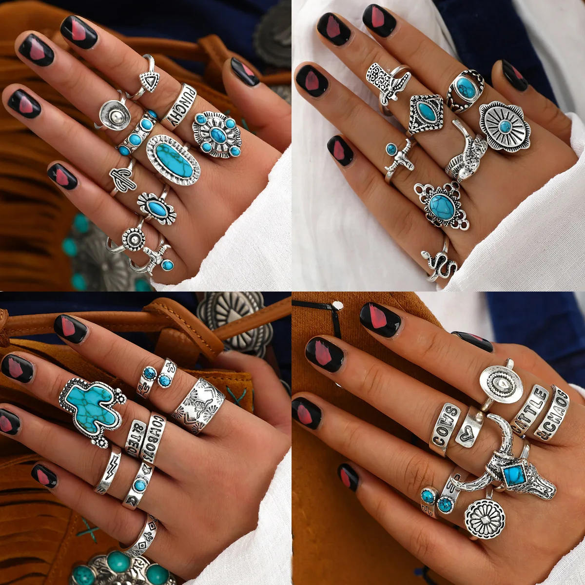 

Vintage bohemian turquoise cactus engraved multi-piece set ring factory direct sales new model