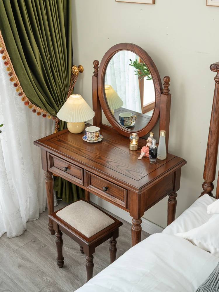 

American solid wood dresser retro dresser makeup stool combination small apartment bedroom makeup table