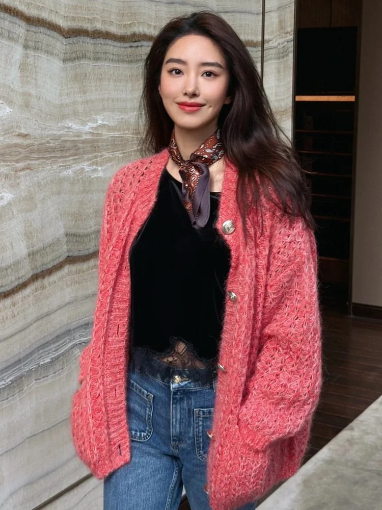 

Red Cisas Knitted Sweater Coat Women's Autumn Winter Loose Fit Long Sve round Ne Warm Casual Faion Favored Star Top