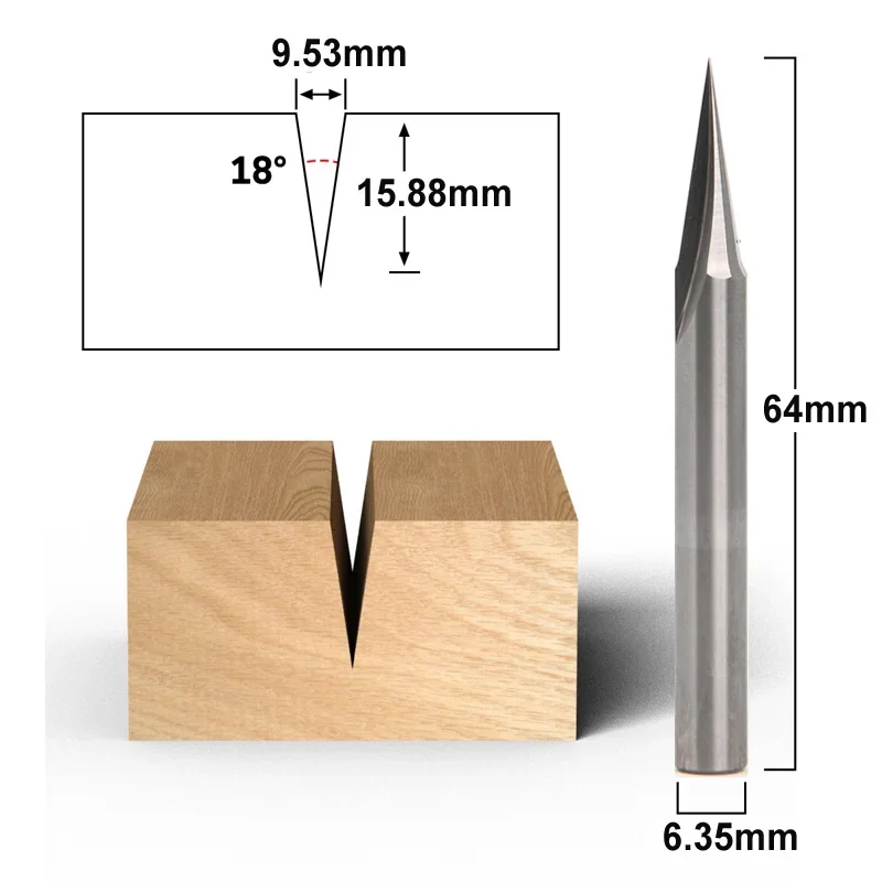 18 °   Nol Titik V Alur Ukiran Karbida Padat Router Bit CNC Ukiran V Grooving Alat Pertukangan Pemotong Penggilingan