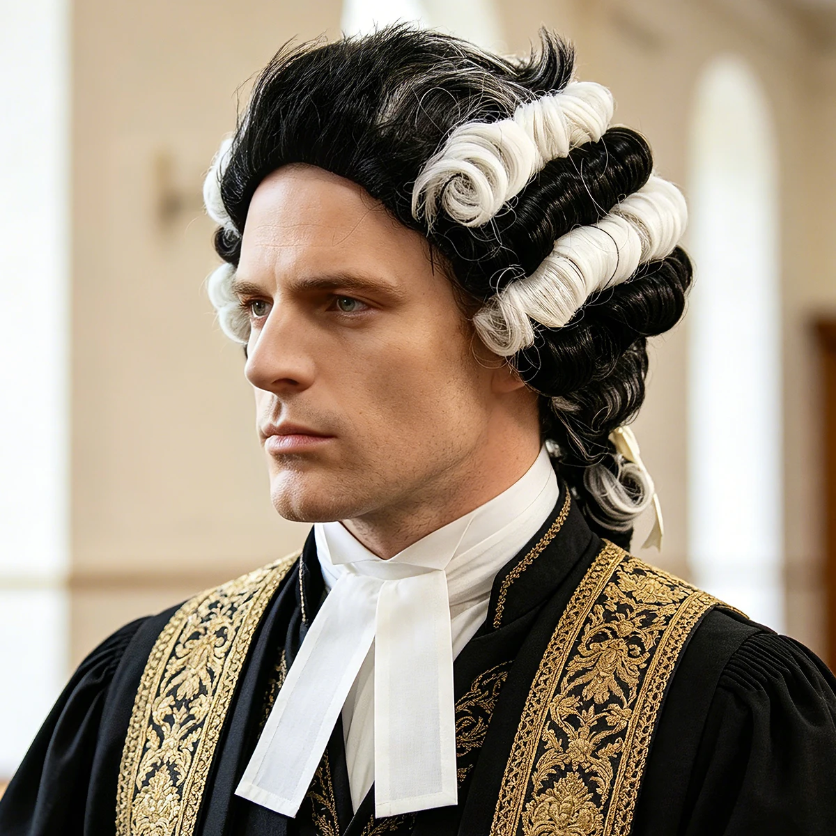Black and White Colonial Judge Wig, Curly Synthetic Hair with Ponytail for Halloween and Historical Cosplay