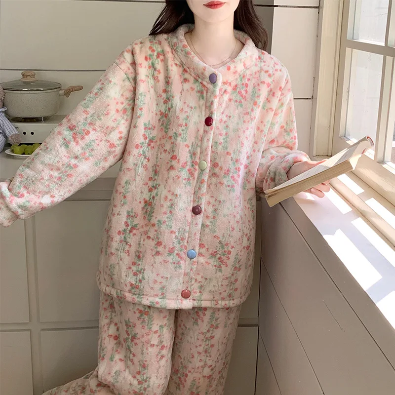 

Women's Sweet Cardigan Pajama Set Fleece Lined Long Sleeve Winter Warm Sleepwear Cozy Comfortable Loungewear Homewear Autumn New