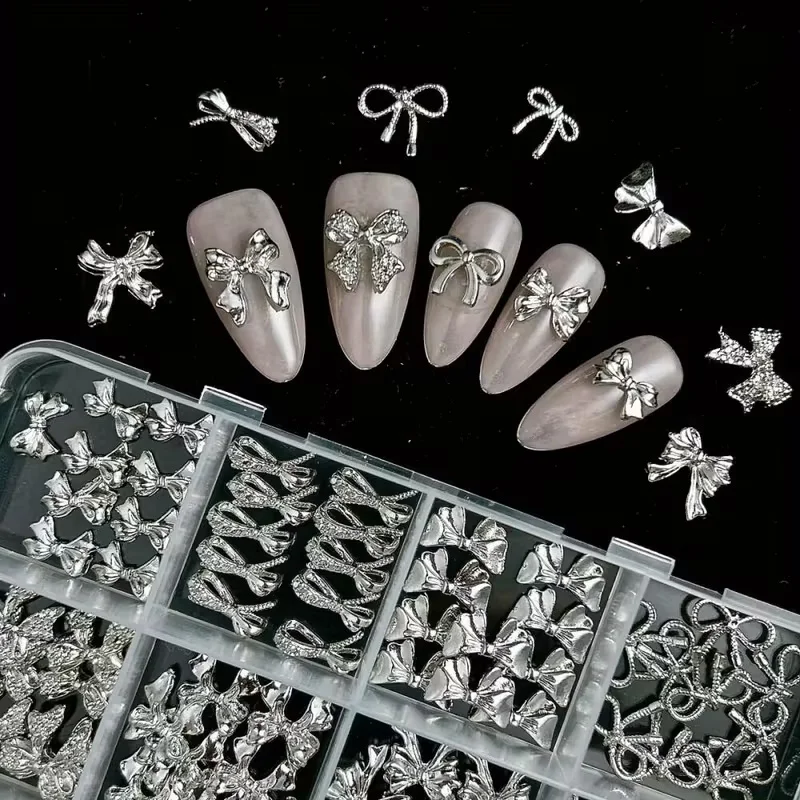 1 صندوق 120 قطعة سبائك Bowknot الشريط مسمار الديكور ضوء الفاخرة الفضة القوس مسمار السحر ربطة صغيرة مستلزمات الأظافر لتقوم بها بنفسك صندوق المواد * #6