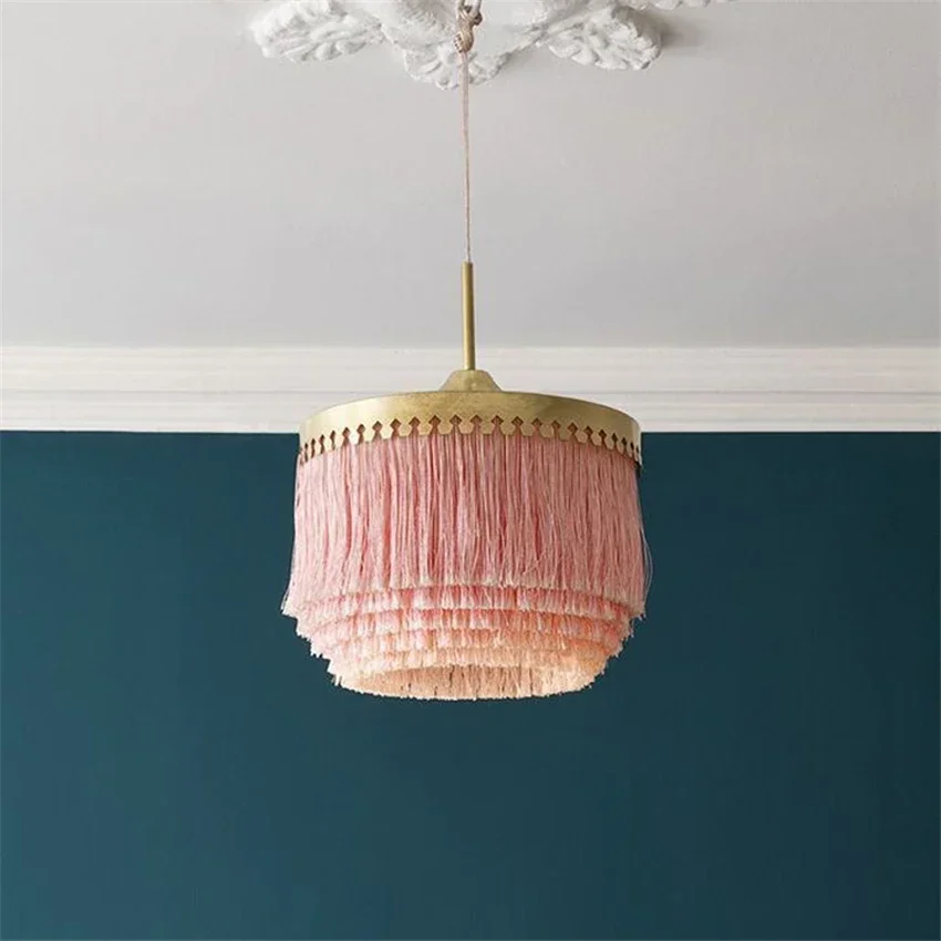 Creative LED Pink Pendant Lamp Cotton Line Lights Minimalist Princess Room Decorative Art Fringe
