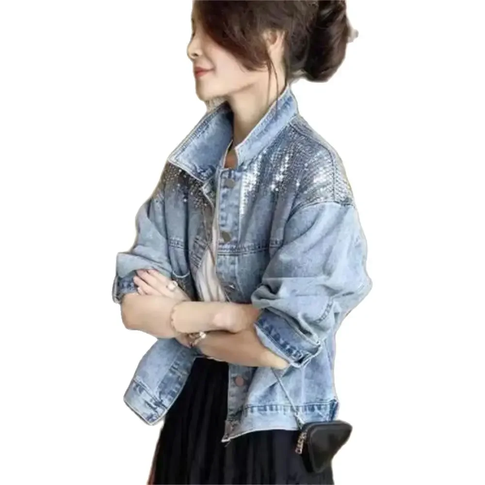 

2024 Spring Autumn Denim Jacket Women Fashion Sequin Short Lapel Jean Coats Woman Casual Full Sleeve Loose Button Outerwear