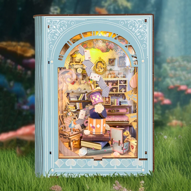 Coin de livre à monter soi-même, Kits de modèles miniatures en bois, serre-livres pour journal intime de fête de thé d'Alice, Puzzle 3D avec lumière LED, cadeau d'anniversaire pour amis