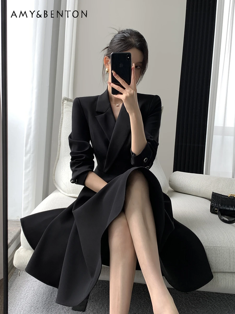 

Black Dress for Women Spring New Office Lady Long Sleeve Slim Lapel All Match Elegant Dresses Hepburn Style Fashion Suit Dress