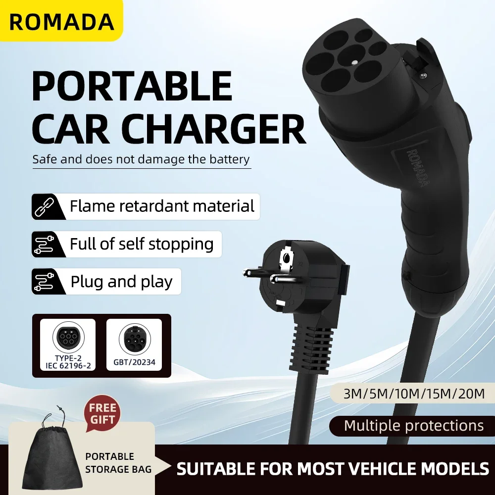 GB/T20234 3.5KW 16A Portable EV Charger with Connector EU Plug 3M-20M Cable Length Options Wallbox Adapter for Electric Vehicle