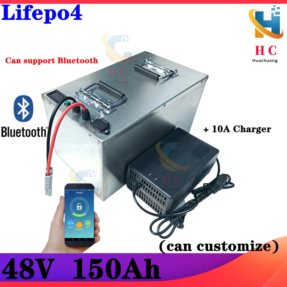 waterproof Lifepo4 48v 150AH battery bluetooth BMS for 4800w Scooter bike golf cart Solar energy + 10A charger