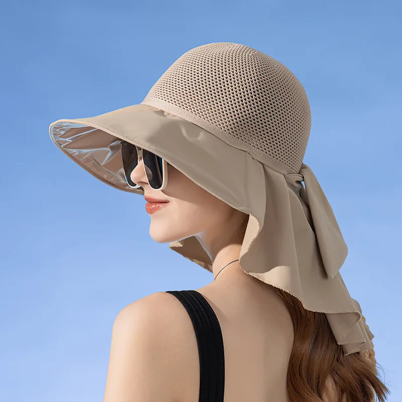 Large Brim Hollow Bucket Hats with Shawl Lightweight Mesh Neck Protection Cotton Sun Hat Summer UV Sunscreen Travel Beach Visors