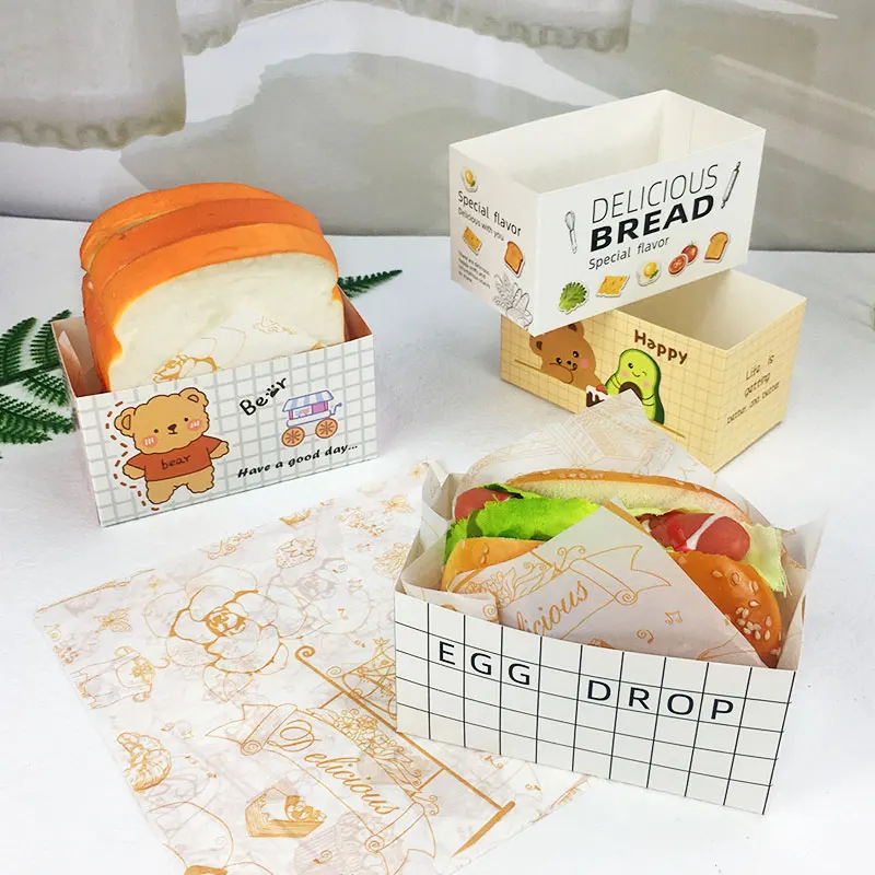 10 sets Sandwich Wrapping Paper Box Tasty Donut Holder Toast Breakfast Packaging Boxes With Greaseproof paper