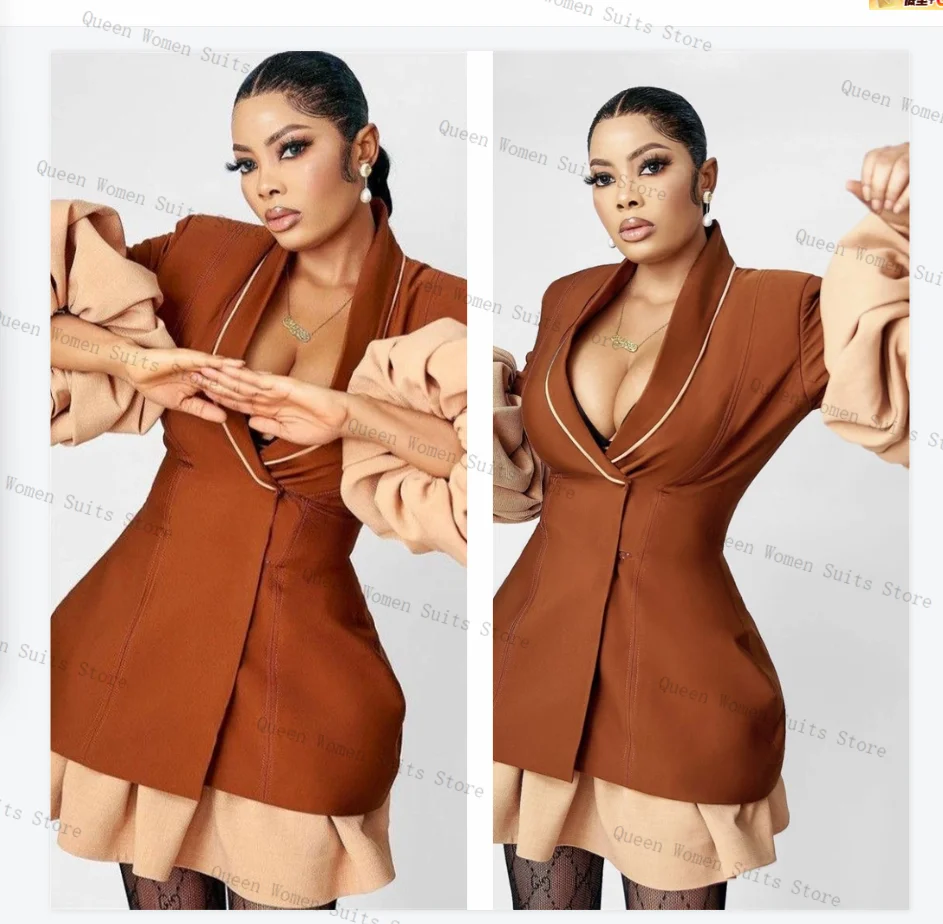 

Brown Women Suit Skirt 1 Piece Long Blazer Prom Dress Puffy Sleeve Formal Office Lady Jacket Wedding Bride Coat Customized
