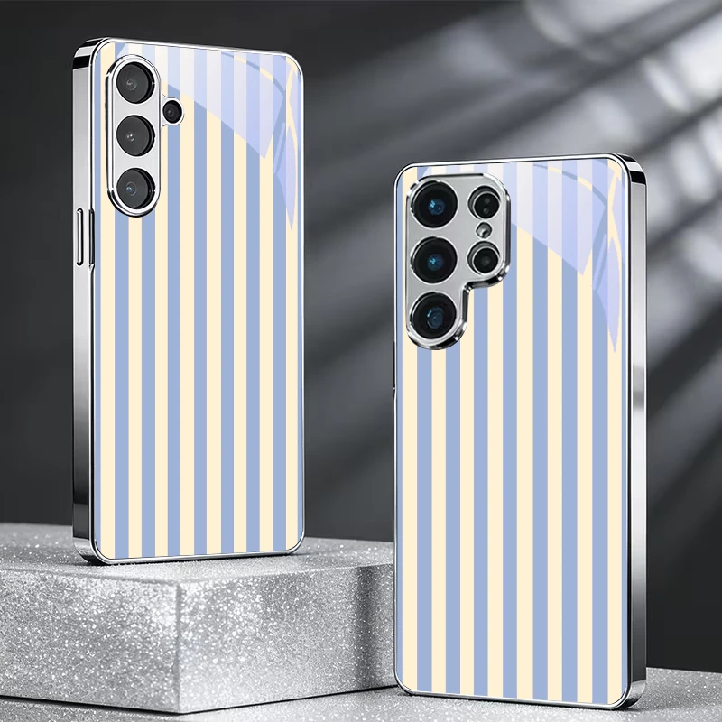 Blue Vertical Stripe Electroplated Silver Phone Case For Samsung A31 A22 A32 A42 A52 A72 A13 A36 A56 A07 A17 A37 A57 Glass Cover