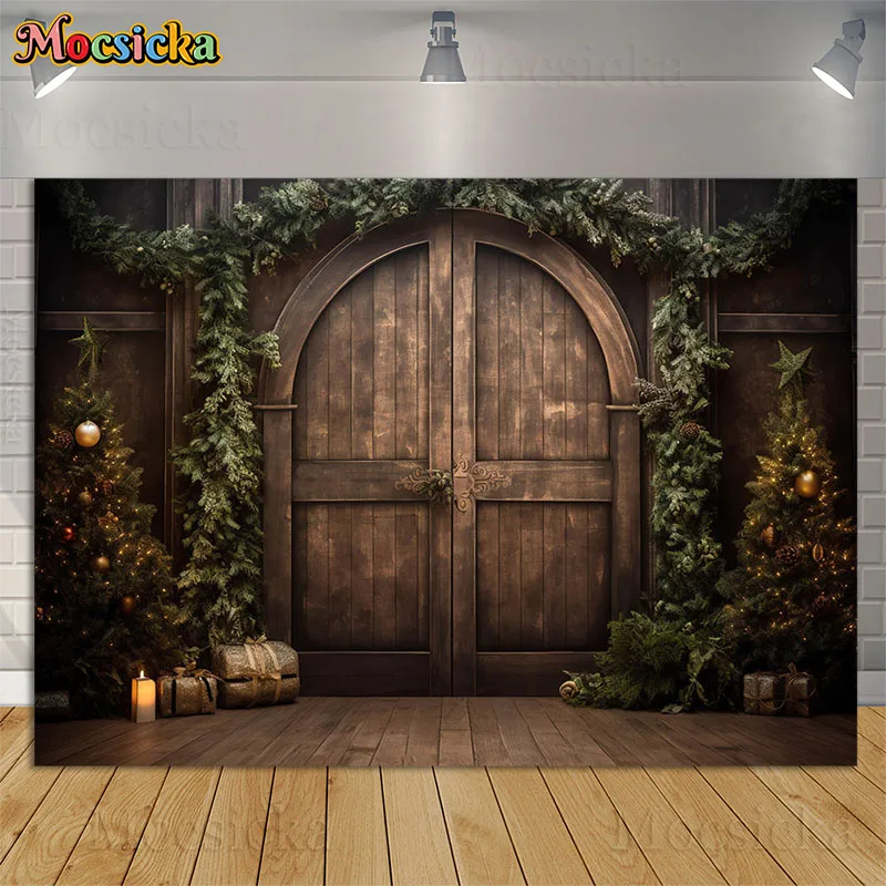 Photography Background Christmas Rustic Brown Wooden Door Xmas Tree Floor Decor Baby Kids Family Portrait Backdrops Photo Studio