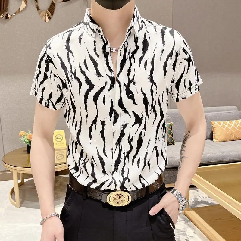 Men\'s Short Sleeve Button Turn-down Collar Cardigan Leopard Printing Shirt High Waisted Solid Pockets Casual Vintage Pants Sets